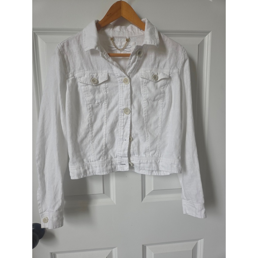 Tyler Boe Linen Jacket Womens XS White Cropped Trucker Coastal 100% Linen